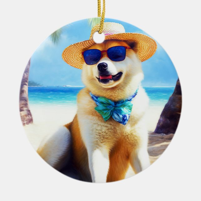 Adorno De Cerámica Akita en la playa, regalo de verano para los amant (Frente)