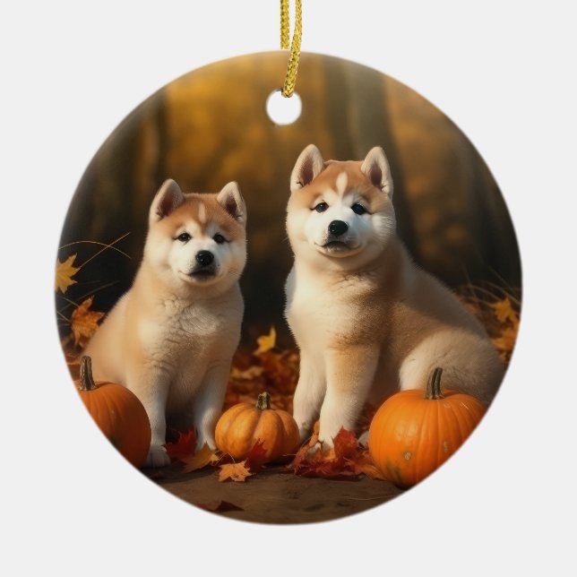 Adorno De Cerámica Akita Puppy Calabaza deslumbrante de otoño (Frente)