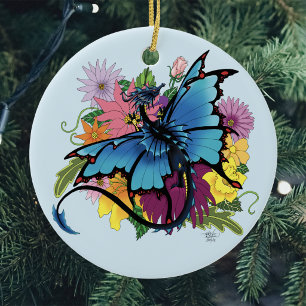 Adorno De Cerámica  Ala de Mariposa Azul Dragón Flores Coloridas