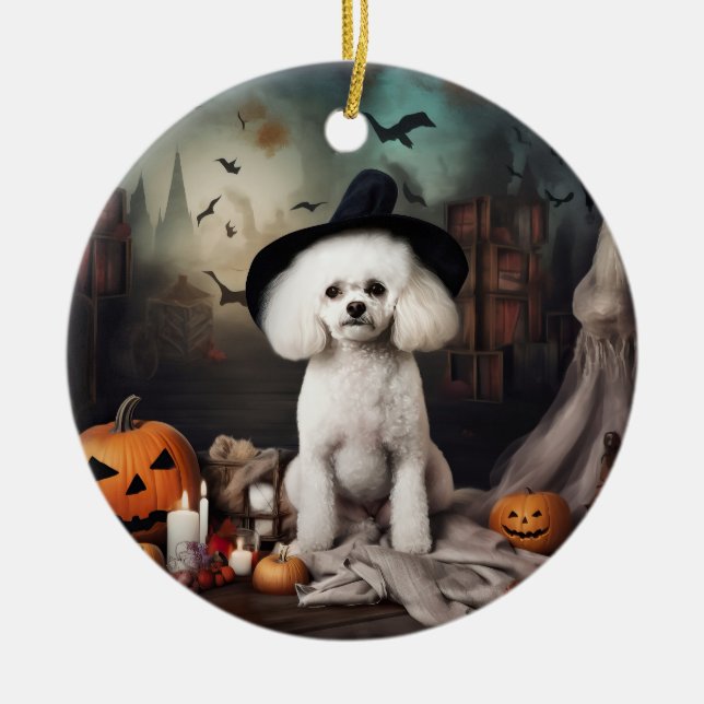 Adorno De Cerámica Alarma de Halloween de Bichon Frise Pumpkins (Frente)