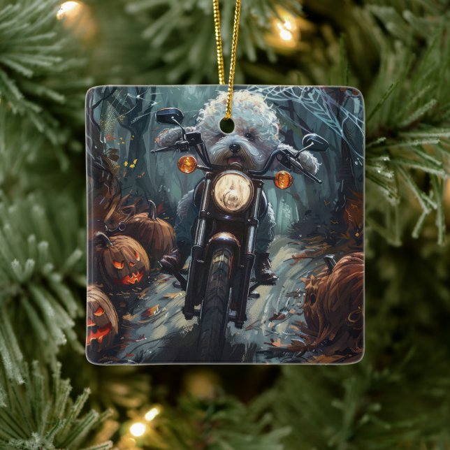 Adorno De Cerámica Alarma de Halloween en moto de Bichon Frise Riendo (Árbol)