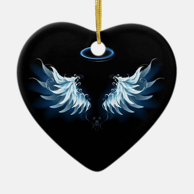 Adorno De Cerámica Alas del Ángel Azul brillante sobre fondo negro (Frente)