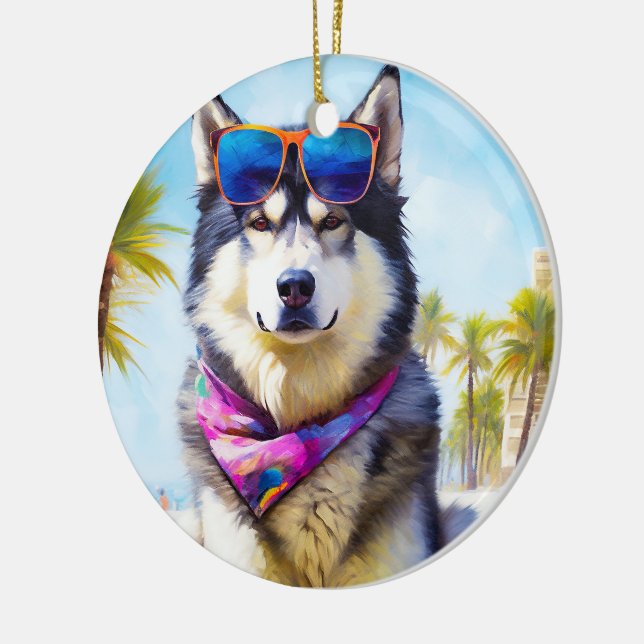 Adorno De Cerámica Alaska Malamute en la playa, regalo de verano (Izquierda)