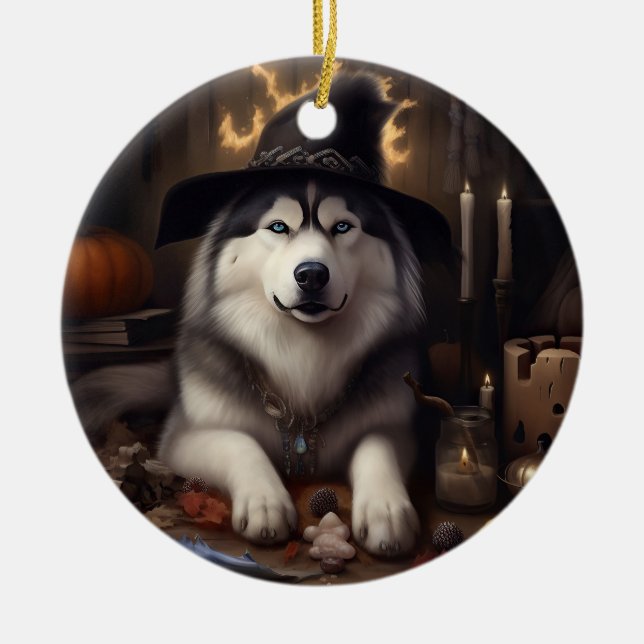 Adorno De Cerámica Alaskan Malamute calza calabazas de Halloween (Frente)