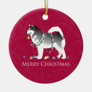 Adorno De Cerámica Alaskan Malamute Perro Feliz Diseño de Navidad