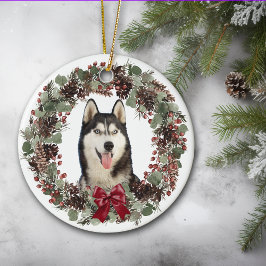 Adorno De Cerámica Alaskan Malamute Perro Rojo Bow Pinecone Wreath