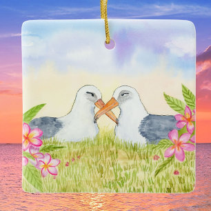 Adorno De Cerámica Albatros de Laysan con Plumerias Rosadas