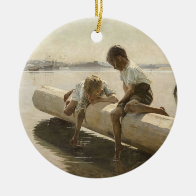 Adorno De Cerámica Albert Edelfelt - Dos chicos en un registro (Frente)