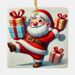 Adorno De Cerámica Alegre Papá Noel sosteniendo cajas de regalos