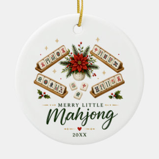 Adorno De Cerámica Alegre pequeño Mahjong Poinsettia Navidad