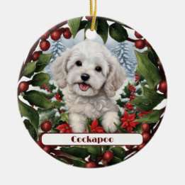 Adorno De Cerámica Alegres Navidades Personalizados de Cockapoo Blanc
