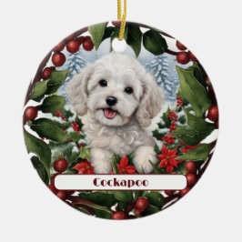 Adorno De Cerámica Alegres Navidades Personalizados de Cockapoo Blanc