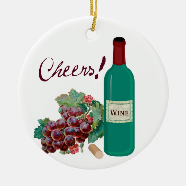 Adorno De Cerámica ¡Alegrías! ¡Celebre! Botella y uvas de vino (Frente)
