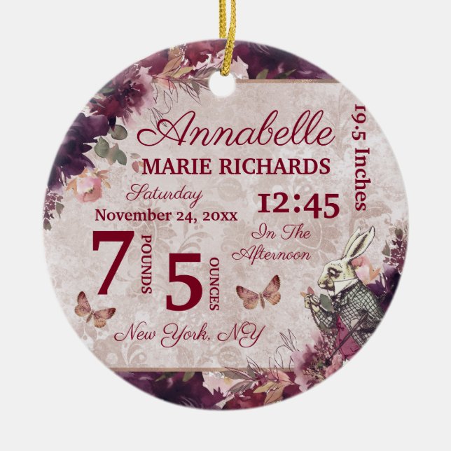 Adorno De Cerámica Alice in Wonderland Personalizado Floral Baby Stat (Frente)