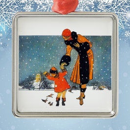 Adorno De Cerámica Alimentar a las aves en la nieve