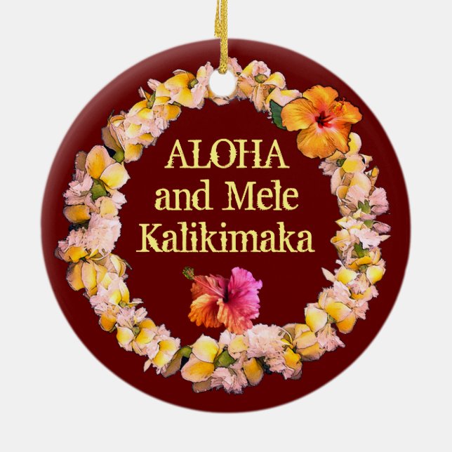 Adorno De Cerámica Aloha y Mele Kalikimaka con un Lei (Atrás)
