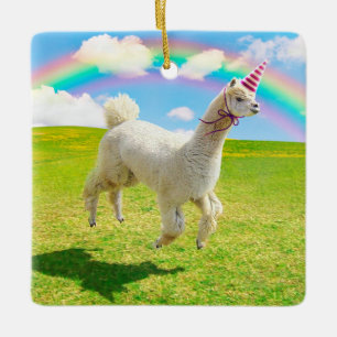 Adorno De Cerámica Alpaca Unicornio bajo el cielo arcoiris
