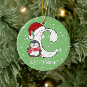 Adorno De Cerámica Alphabet C Santa Hat Penguin Snowflake navidades