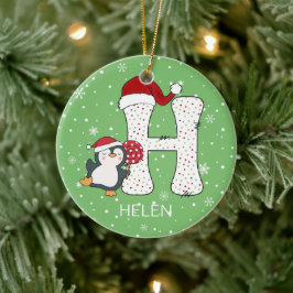 Adorno De Cerámica Alphabet H Santa Hat Penguin Snowflake