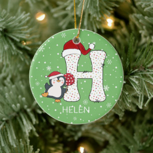 Adorno De Cerámica Alphabet H Santa Hat Penguin Snowflake