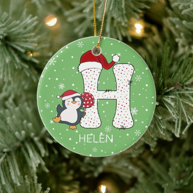 Adorno De Cerámica Alphabet H Santa Hat Penguin Snowflake (Árbol)