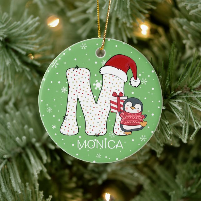 Adorno De Cerámica Alphabet M Santa Hat Penguin Snowflake (Árbol)