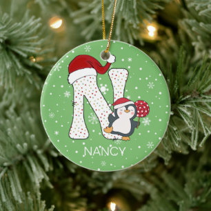 Adorno De Cerámica Alphabet N Santa Hat Penguin Snowflake