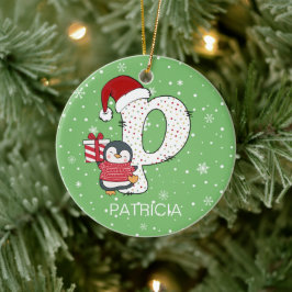 Adorno De Cerámica Alphabet P Santa Hat Penguin Snowflake