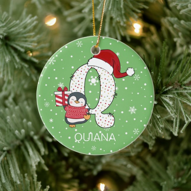 Adorno De Cerámica Alphabet Q Santa Hat Penguin Snowflake navidades (Árbol)