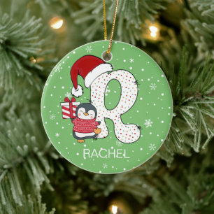 Adorno De Cerámica Alphabet R Santa Hat Penguin Snowflake navidades