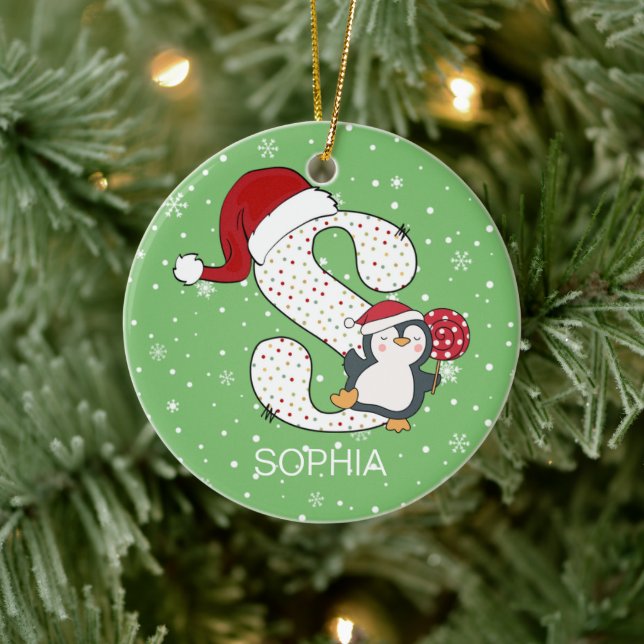 Adorno De Cerámica Alphabet S Santa Hat Penguin Snowflake (Árbol)