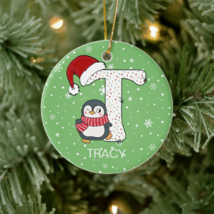 Adorno De Cerámica Alphabet T Santa Hat Penguin Snowflake