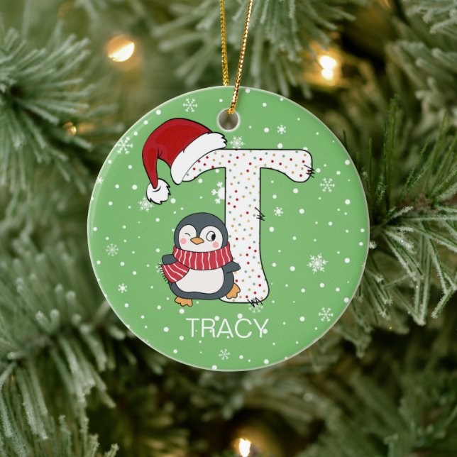 Adorno De Cerámica Alphabet T Santa Hat Penguin Snowflake (Árbol)
