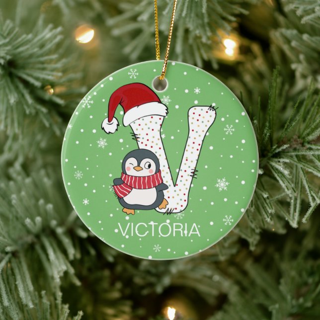 Adorno De Cerámica Alphabet V Santa Hat Penguin Snowflake navidades (Árbol)