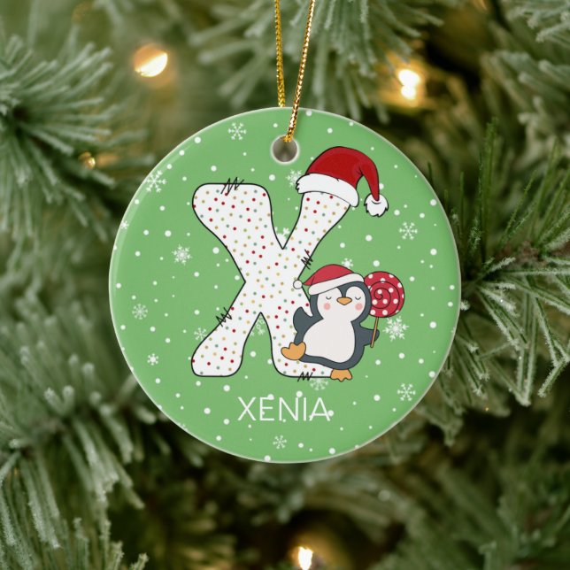 Adorno De Cerámica Alphabet X Santa Hat Penguin Snowflake navidades (Árbol)