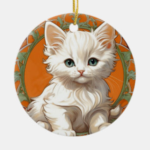 Adorno De Cerámica Alphonse Mucha Art Nouveau Gatito Blanco