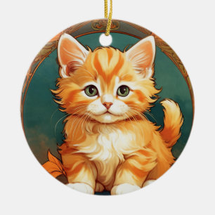 Adorno De Cerámica Alphonse Mucha Style Naranja Cat