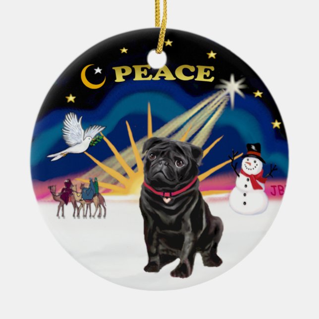 Adorno De Cerámica Amanecer navideño - Pug negro (Frente)