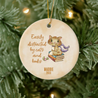 Adorno De Cerámica Amante de libros y gatos