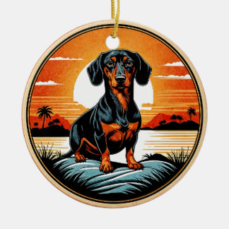 Adorno De Cerámica Amante de perros Dachshund Retro Atardecer