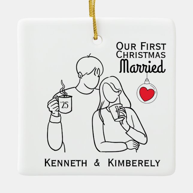 Adorno De Cerámica Amantes del Café Primera Navidad Casados (Anverso)