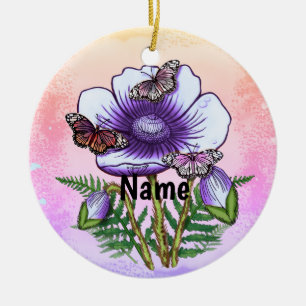 Adorno De Cerámica Amapola Morada Mariposa