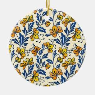 Adorno De Cerámica Amarillo Naranja Floral Folclórico Azul Hoja Vinta