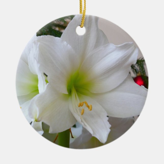 Adorno De Cerámica Amaryllis blanco y árbol de Navidad (Frente)