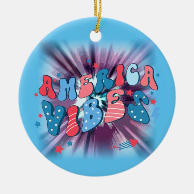 Adorno De Cerámica America Vibe - Groovy Retro Patriótico 4 De Julio (Frente)
