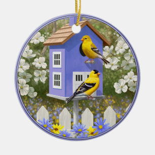 Adorno De Cerámica American Goldfinch Bird House Flower Garden