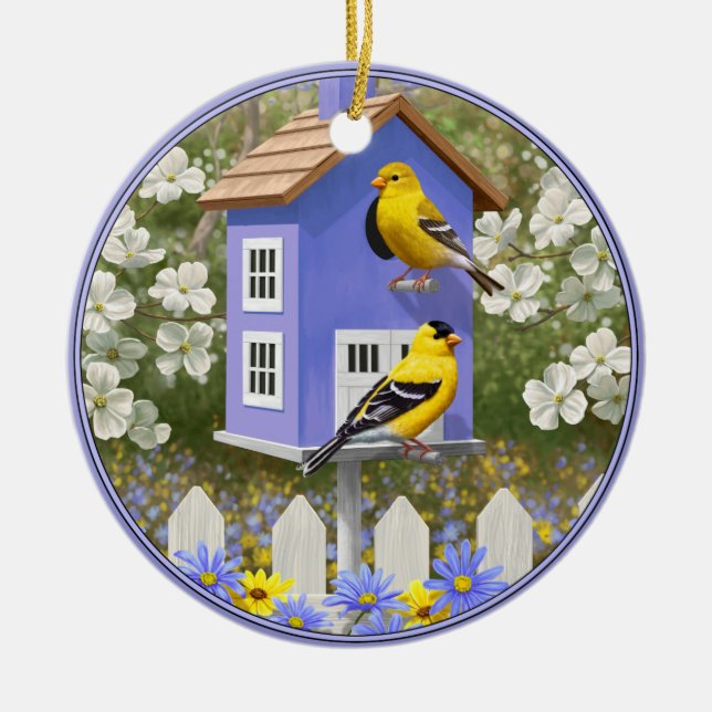 Adorno De Cerámica American Goldfinch Bird House Flower Garden (Frente)
