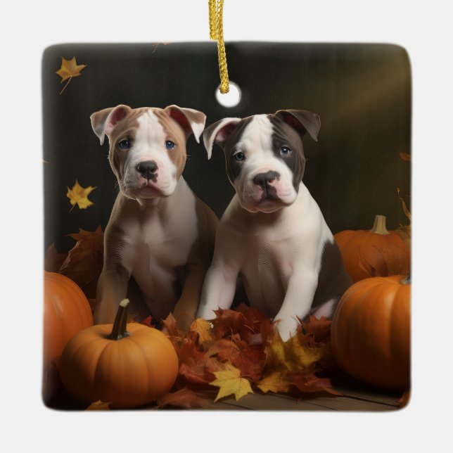 Adorno De Cerámica American Staffordshire Puppy Autumn Delight (Anverso)