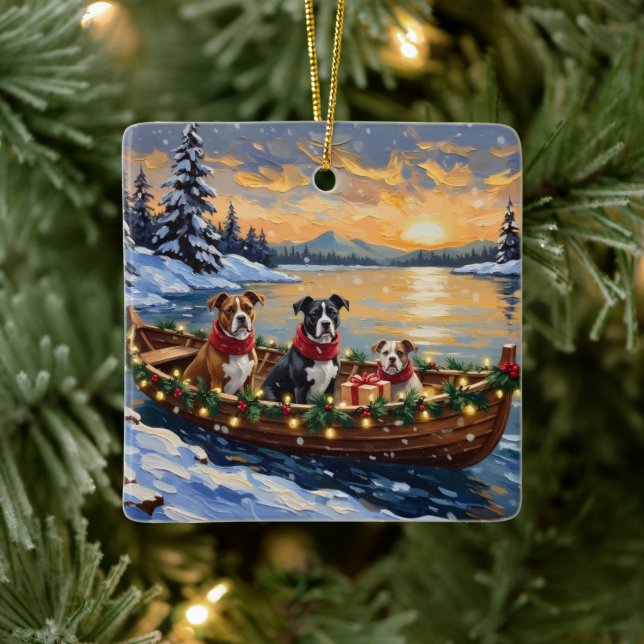 Adorno De Cerámica American Staffordshire Terrier Christmas Boat (Árbol)