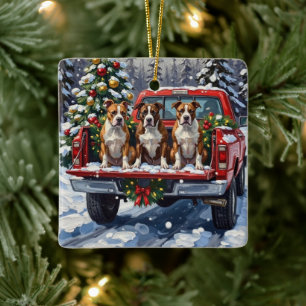 Adorno De Cerámica American Staffordshire Terrier Navidad Camión Rojo